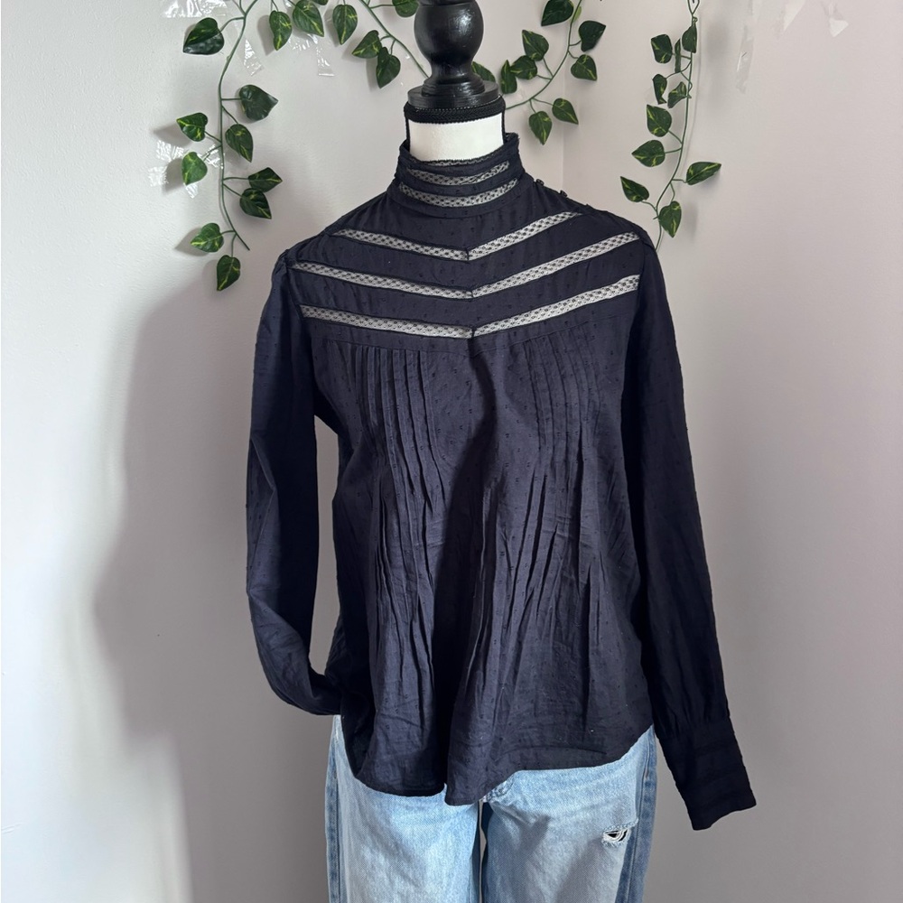 Women's Black Lace-Trim High-Neck Long Sleeve Blouse